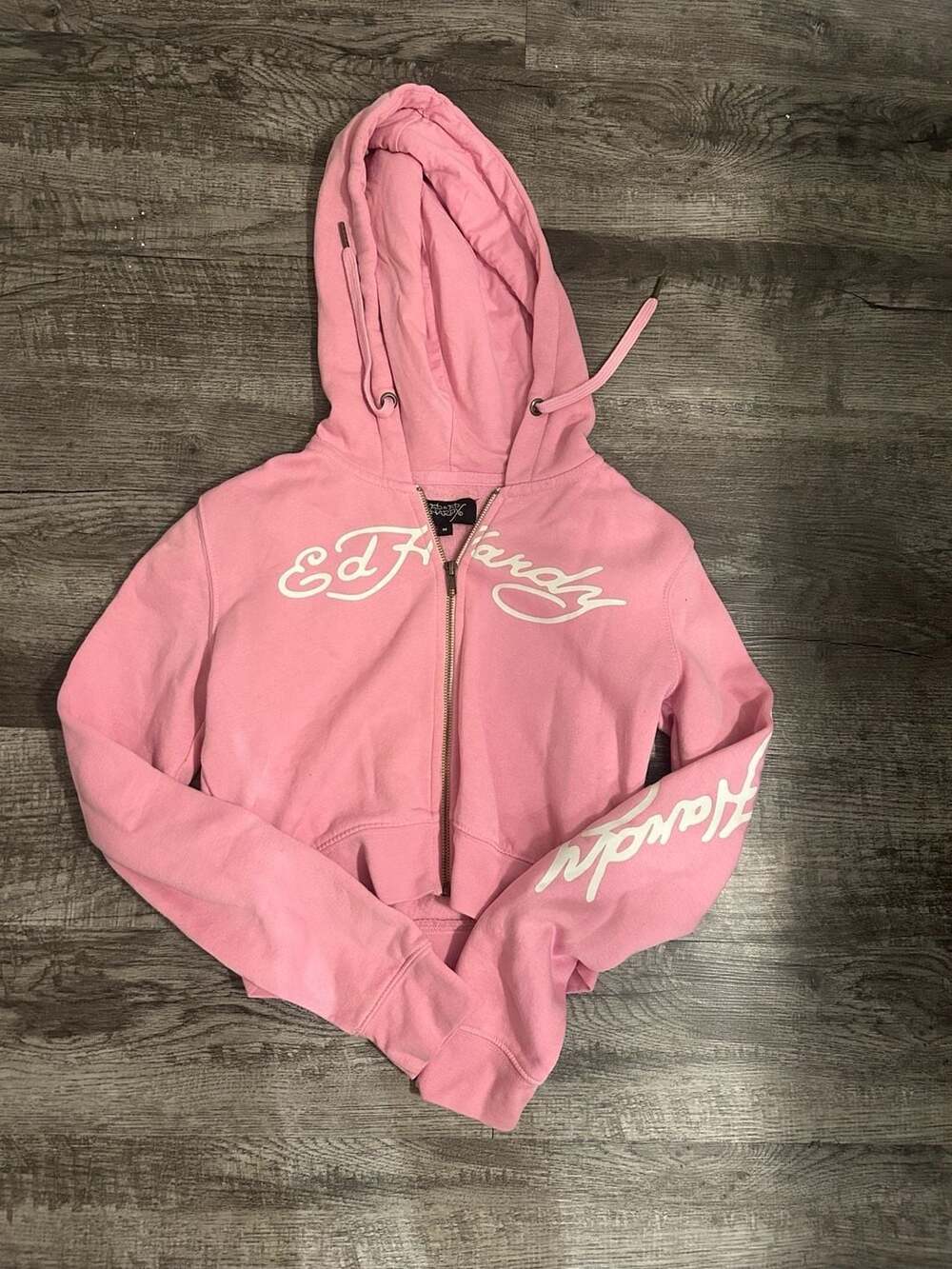 Ed Hardy Pink Skull and Cobra Graphic Cropped Zip-Up Hoodie